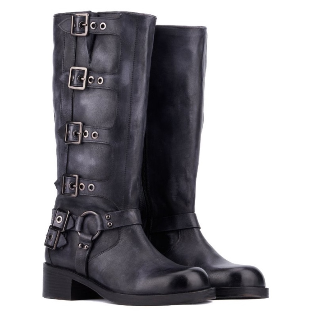 Women's Black Buckle Knee-High Boots - Picture 3 of 5